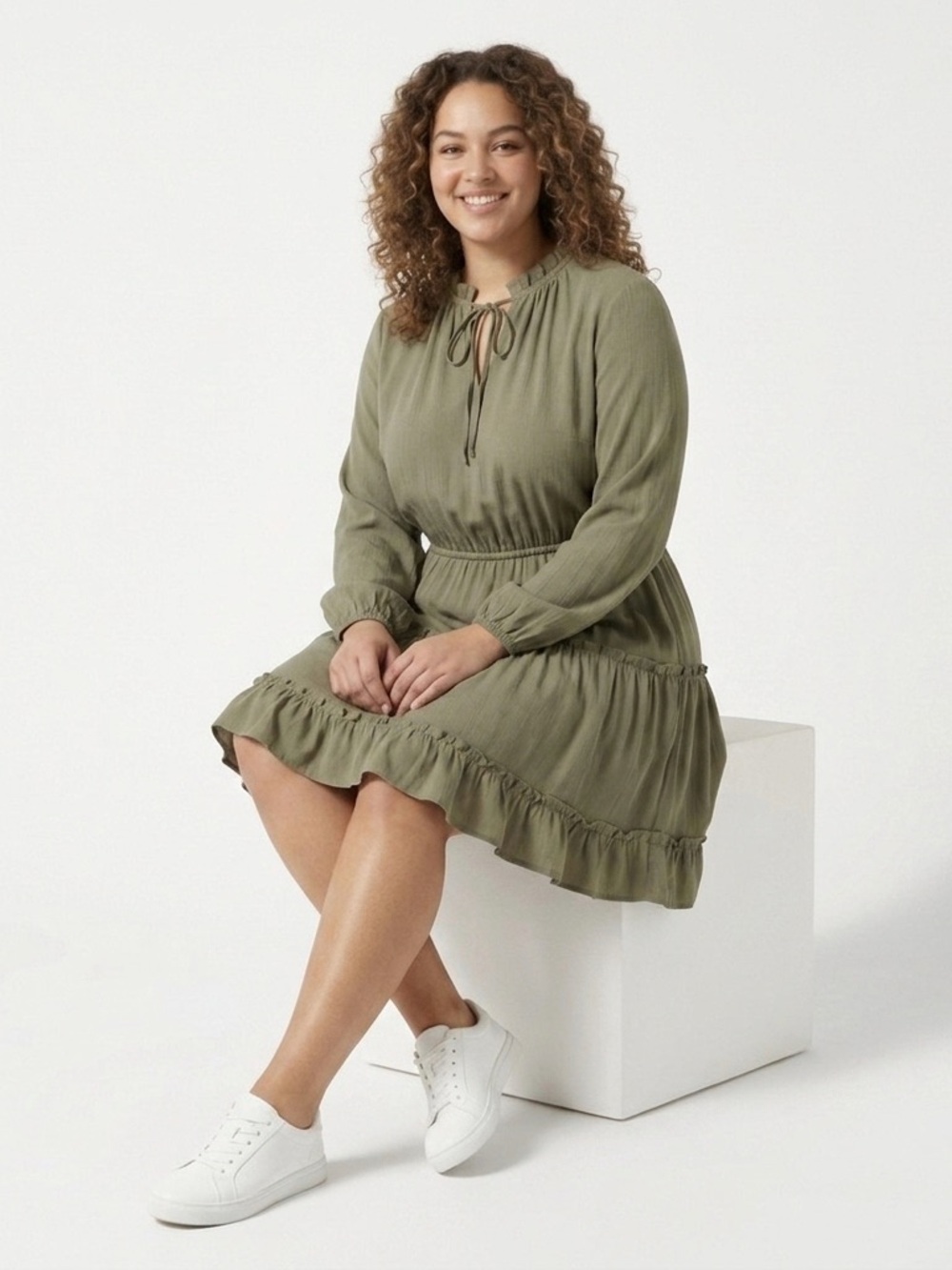 Asvivid, Ruffled Tiered Long-Sleeve Mini Dress in Olive - XL - Picture 3 of 6